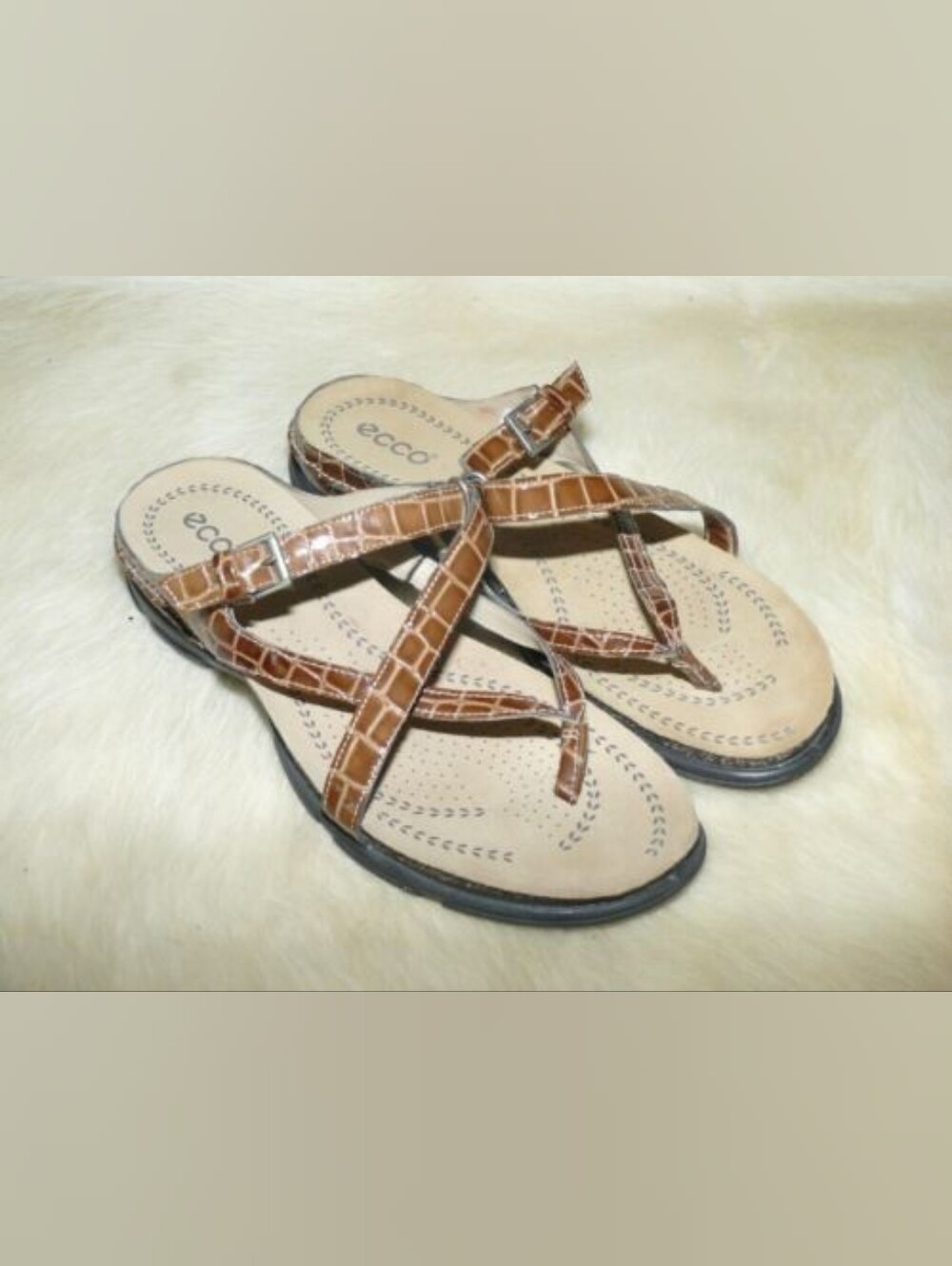 ECCO 39 Leather Sandals Slides Cork Footbed 8-8.5 Flip Flops